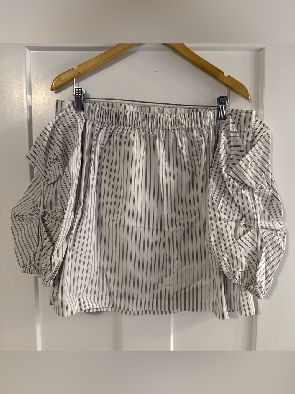 1. State Off-Shoulder Striped Blouse in White and Gray